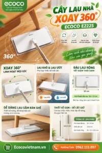 Cây Lau Nhà Xoay 360 Độ ECOCO E2225 | Lau Khô & Ướt, Kháng Khuẩn Hiệu Quả 24 Cây Lau Nhà Xoay 360 Độ ECOCO
